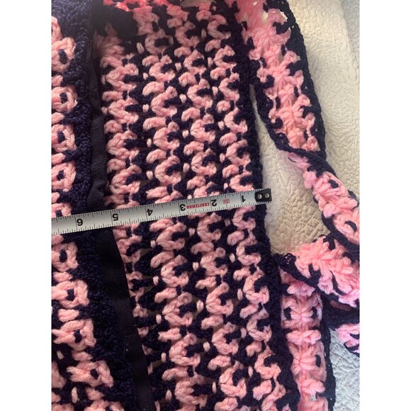 Handmade Pink & Navy Hand Crocheted Fabric Lined Handbag - Picture 7 of 14